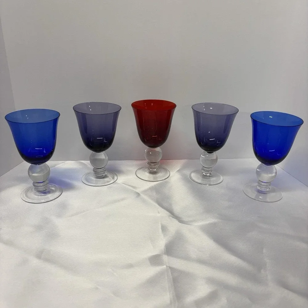 Vintage Clear Ball Stem Hand Blown Glass/Goblet - various colors set‎ of 5